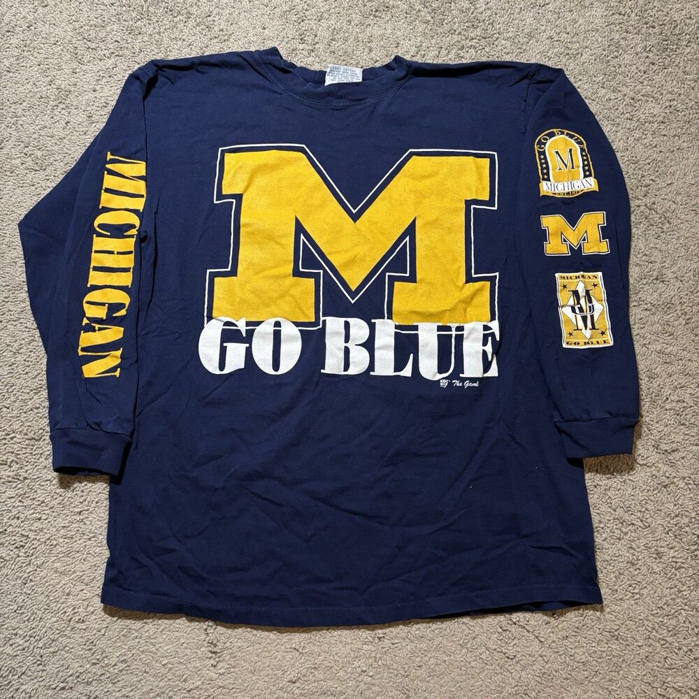 Vintage Michigan Wolverines Shirt The Game Long Sleeve Navy Blue Large 90s NCAA
